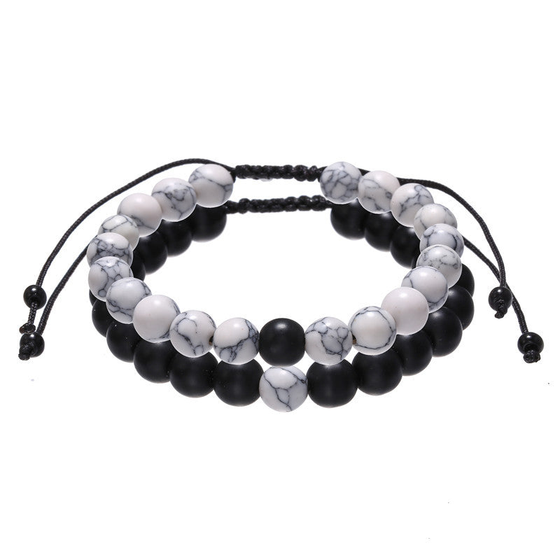 Vintage Matte Black Geometric Round Synthetic Stone Braided Bracelet Unisex Adjustable