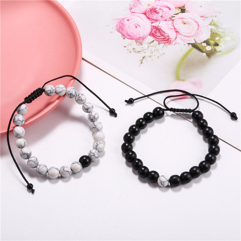 Vintage Matte Black Geometric Round Synthetic Stone Braided Bracelet Unisex Adjustable