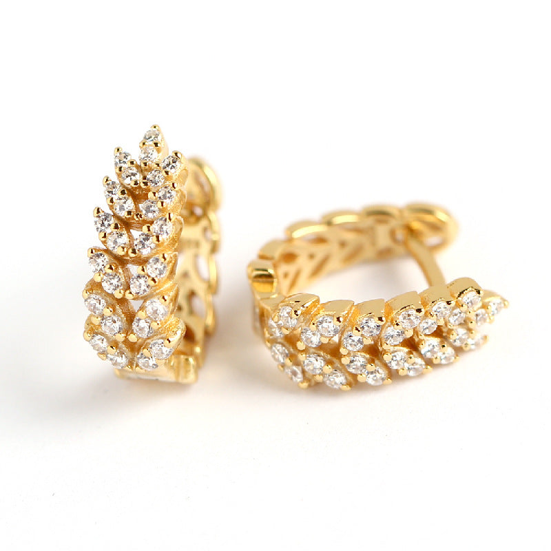 Sweet Minimalist 925 Sterling Silver Wheat Plant Rhinestone Inlay Hoop Earrings for Women