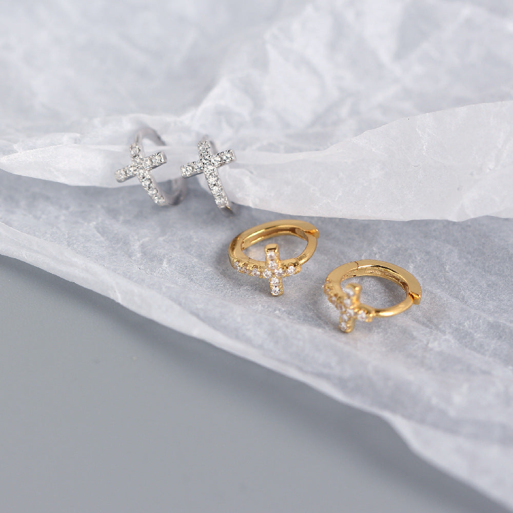 Dolci Orecchini a Polsino Minimalisti a Croce con Strass in Argento Sterling 925 da Donna