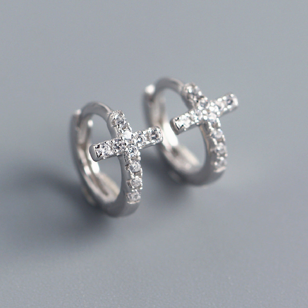 Dolci Orecchini a Polsino Minimalisti a Croce con Strass in Argento Sterling 925 da Donna