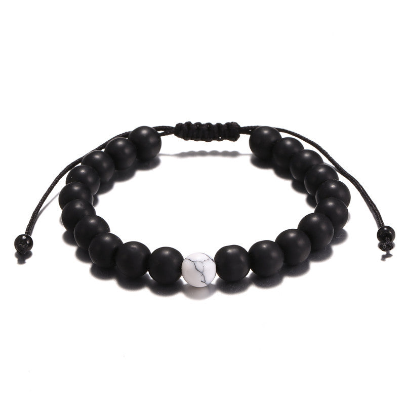 Vintage Matte Black Geometric Round Synthetic Stone Braided Bracelet Unisex Adjustable