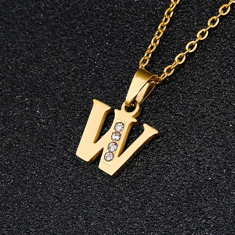 Collana con ciondolo a lettera minimalista da donna, catena a O in acciaio al titanio con intarsi in strass, regalo casual alla moda per fidanzata o migliore amica