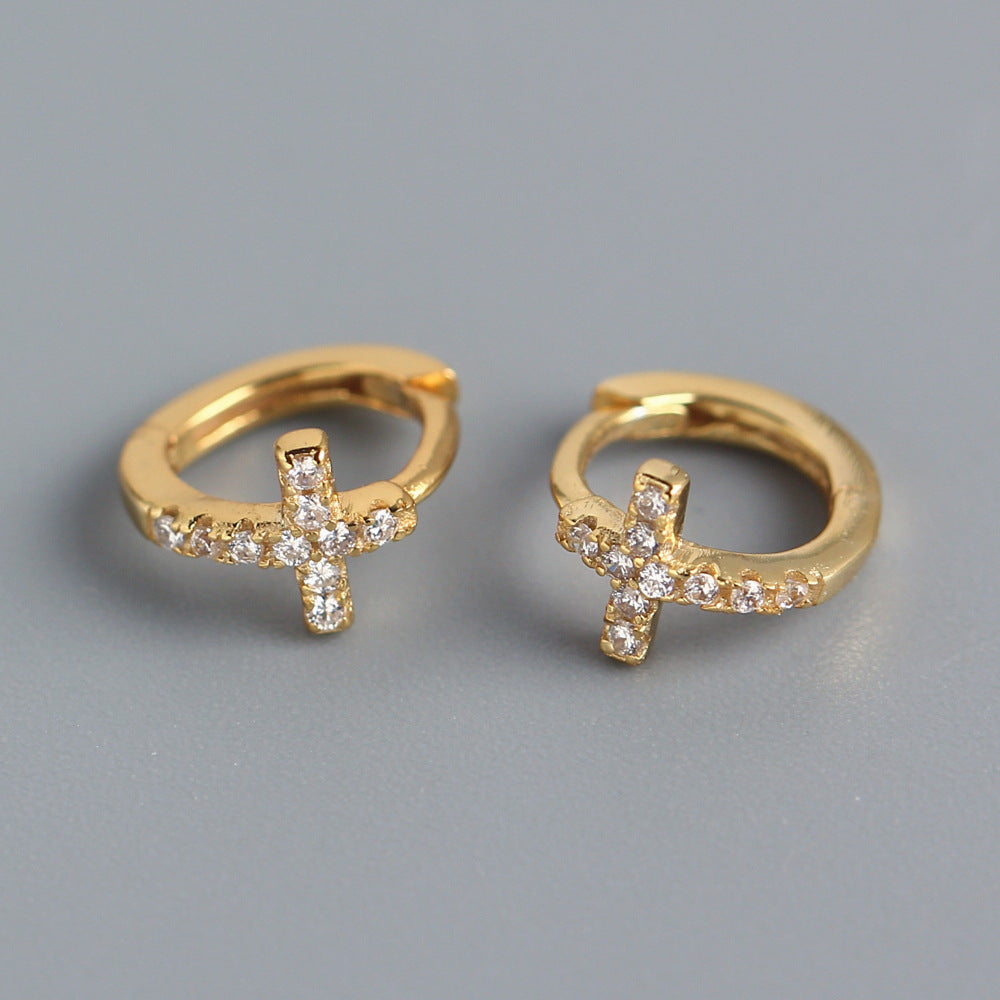 Dolci Orecchini a Polsino Minimalisti a Croce con Strass in Argento Sterling 925 da Donna