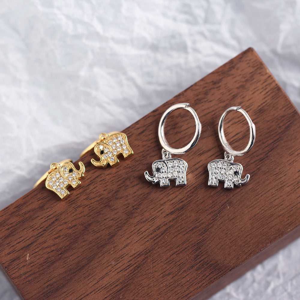 Sterling Silver Elephant Earrings with Rhinestone Inlay for Women - Luxury Animal Design, S925 Pure Silver, Unisex Fashion Jewelry