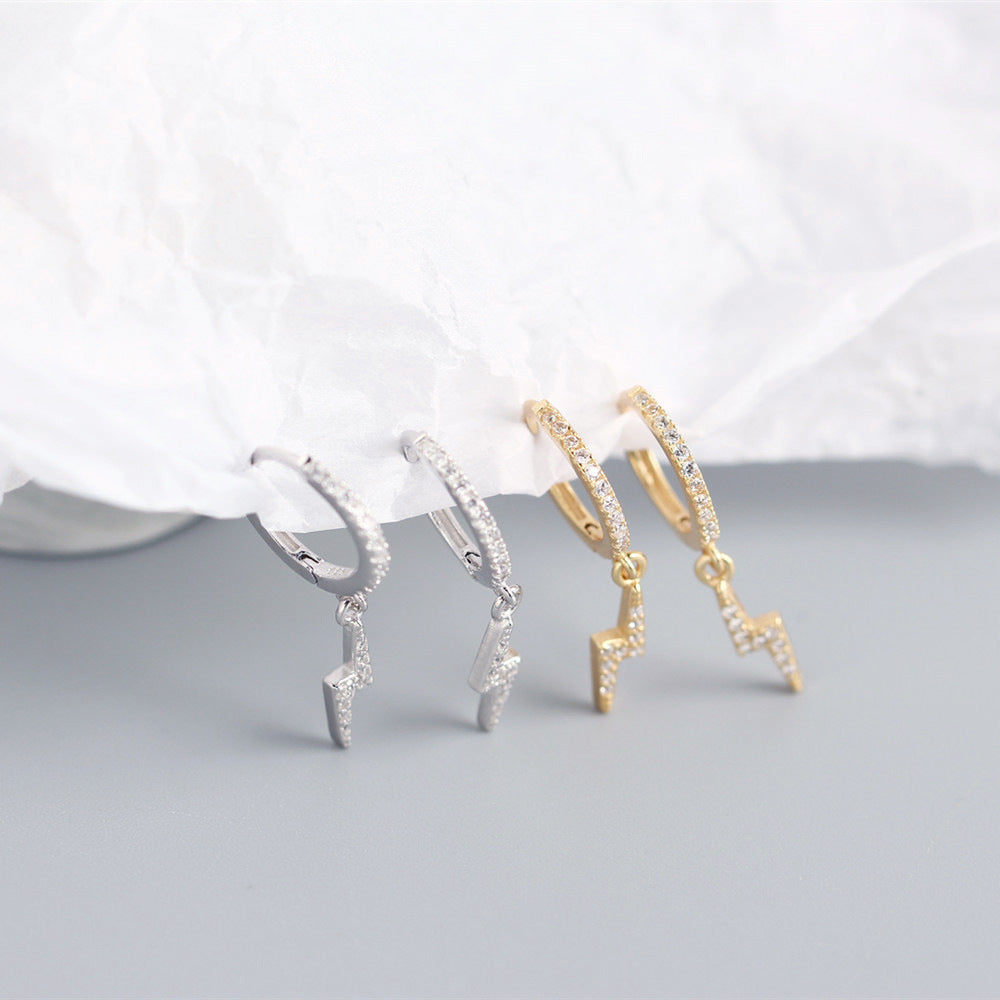 Sweet Punk 925 Sterling Silver Lightning Rhinestone Inlay Earrings for Women
