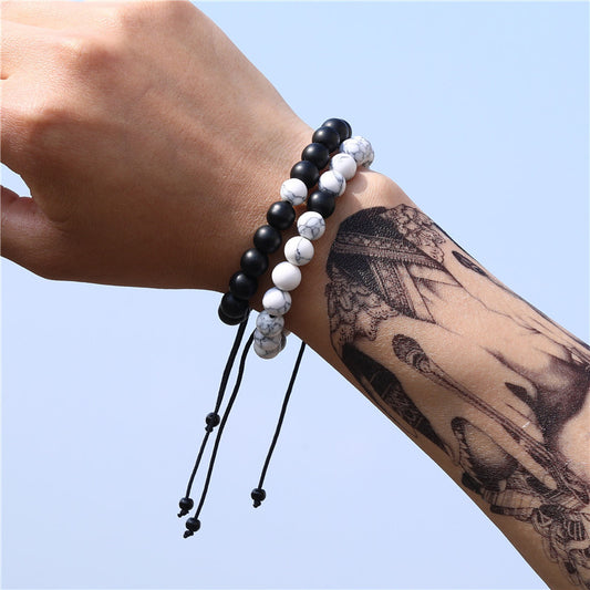 Vintage Matte Black Geometric Round Synthetic Stone Braided Bracelet Unisex Adjustable