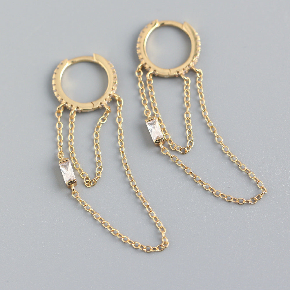 Luxury Elegant 925 Sterling Silver Geometric Square Rhinestone Inlay Cable Chain Tassel Hoop Earrings for Women