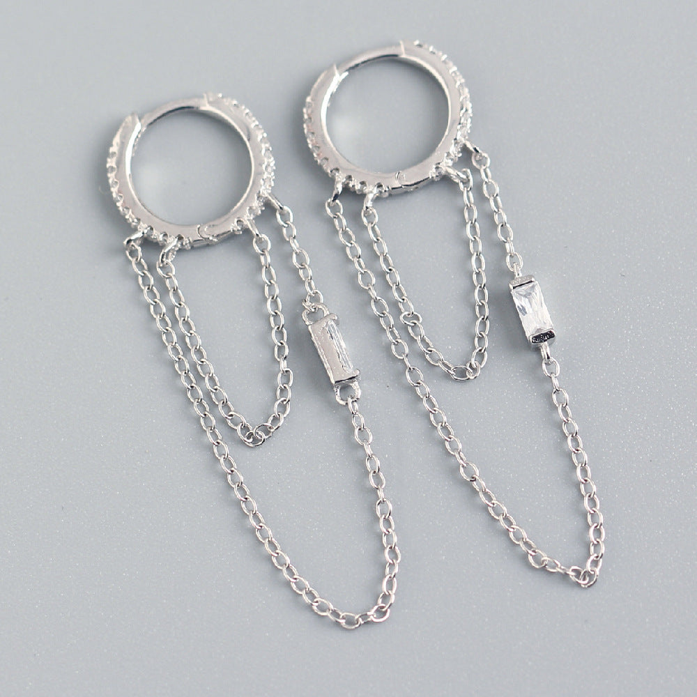 Luxury Elegant 925 Sterling Silver Geometric Square Rhinestone Inlay Cable Chain Tassel Hoop Earrings for Women