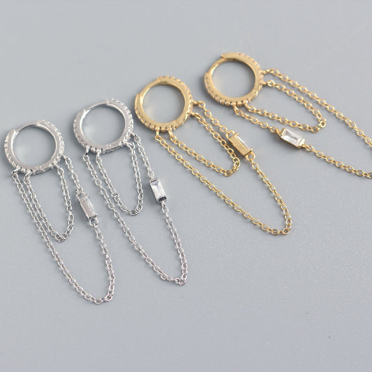Aretes de Aro Colgantes con Borla, Cadena y Diseño Geométrico Cuadrado con Incrustaciones de Pedrería en Plata Esterlina 925, Elegantes y de Lujo para Mujer