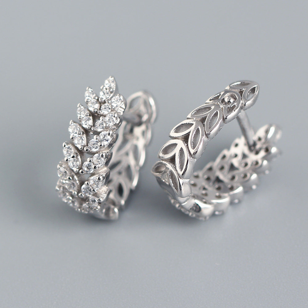 Sweet Minimalist 925 Sterling Silver Wheat Plant Rhinestone Inlay Hoop Earrings for Women