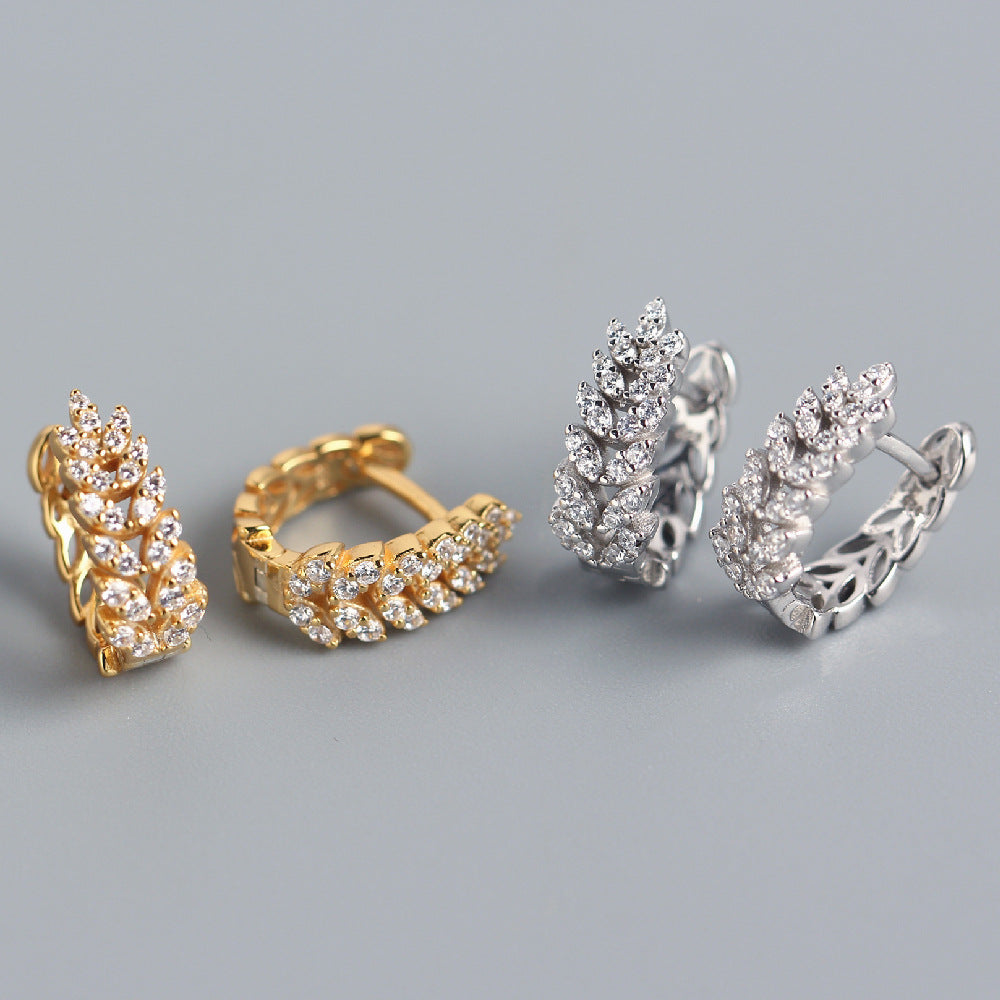 Sweet Minimalist 925 Sterling Silver Wheat Plant Rhinestone Inlay Hoop Earrings for Women