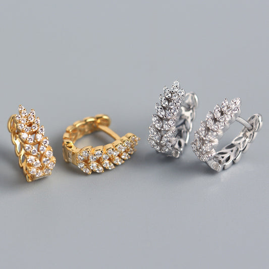 Pendientes de aro minimalistas de plata de ley 925 con diseño de planta de trigo y diamantes de imitación para mujer