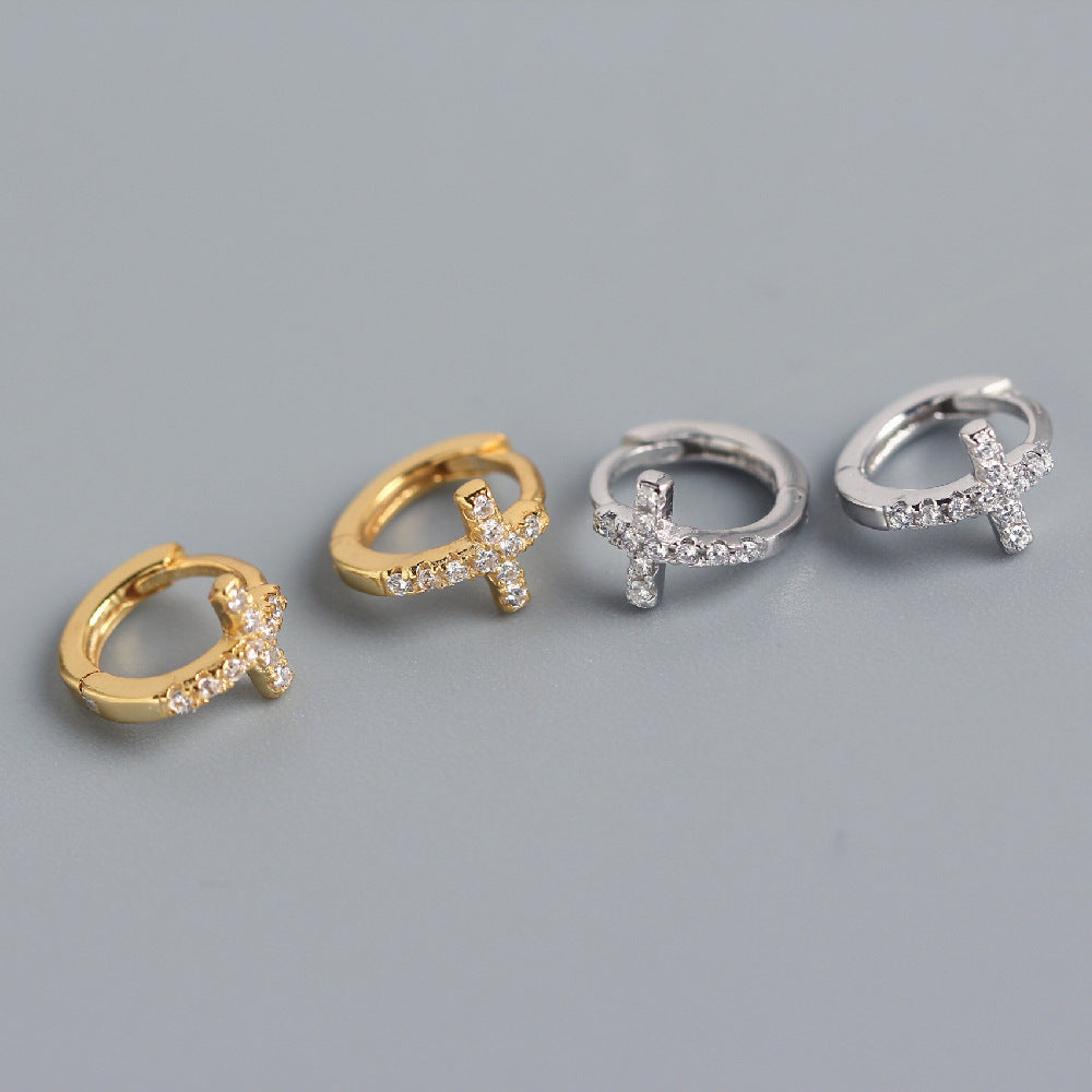 Dolci Orecchini a Polsino Minimalisti a Croce con Strass in Argento Sterling 925 da Donna