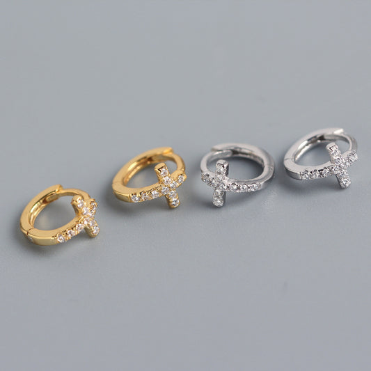 Dolci Orecchini a Polsino Minimalisti a Croce con Strass in Argento Sterling 925 da Donna