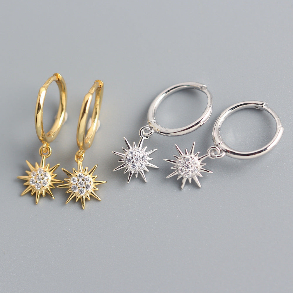 Sweet Streetwear 925 Sterling Silver Sun Rhinestone Inlay Hoop Earrings for Women