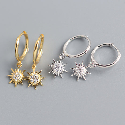 Pendientes de aro de plata de ley 925 con incrustaciones de diamantes de imitación de sol para mujer de Sweet Streetwear