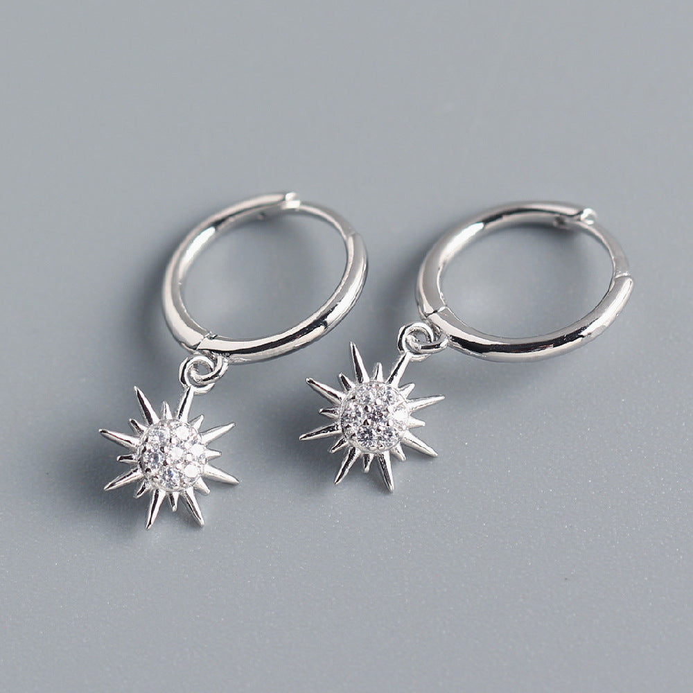 Sweet Streetwear 925 Sterling Silver Sun Rhinestone Inlay Hoop Earrings for Women