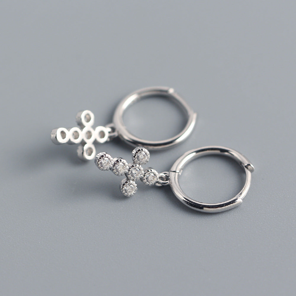 Sweet Punk 925 Sterling Silver Cross Rhinestone Hoop Earrings for Women