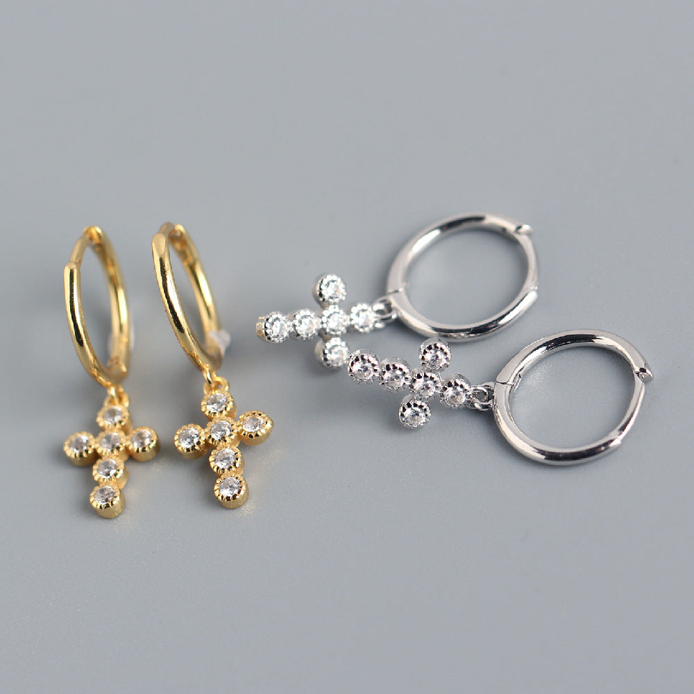 Sweet Punk 925 Sterling Silver Cross Rhinestone Hoop Earrings for Women