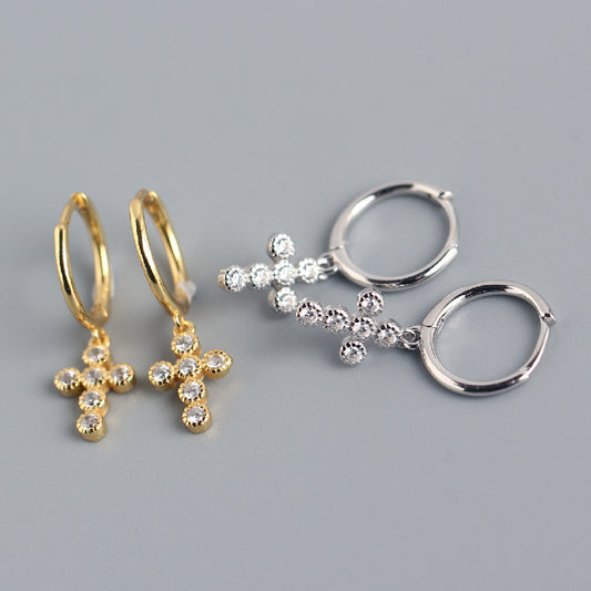 Pendientes de aro Sweet Punk de plata de ley 925 con diseño de cruz y diamantes de imitación para mujer