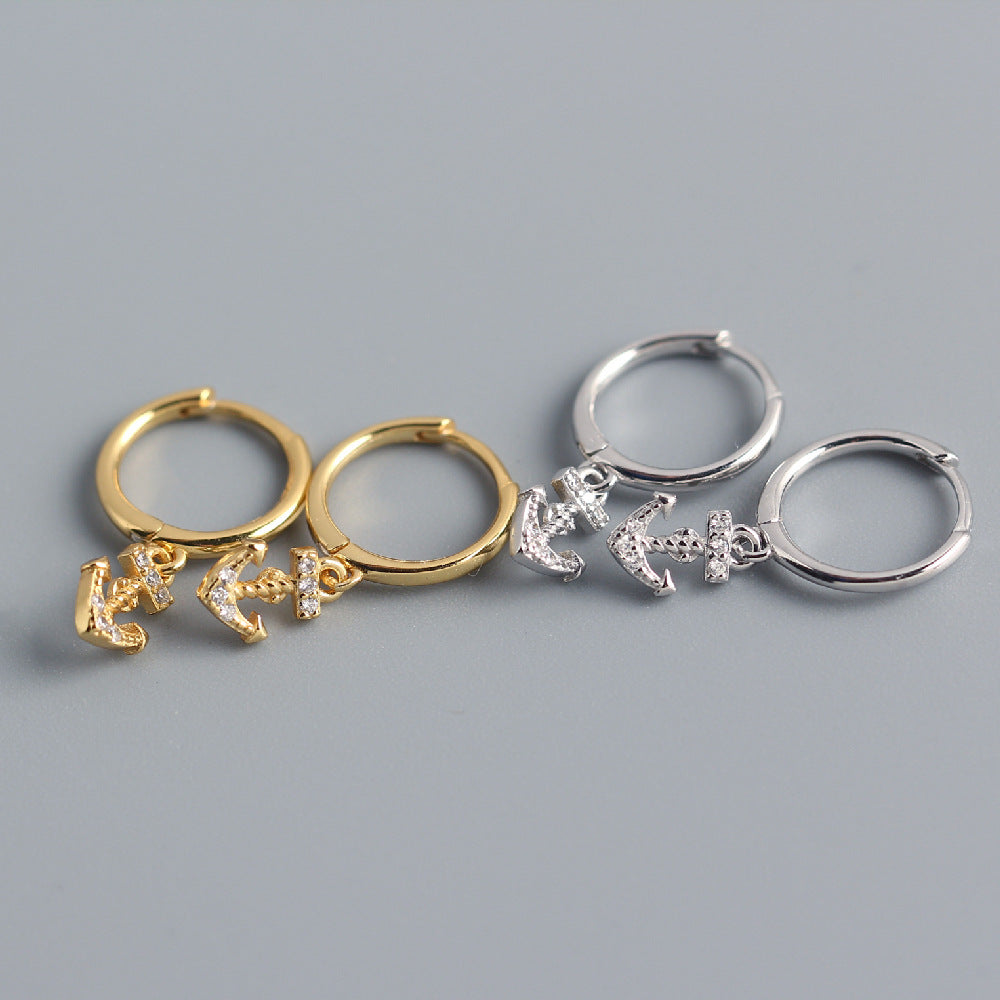 Minimalist Luxury 925 Sterling Silver Anchor Diamond Hoop Earrings