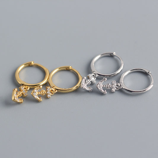 Orecchini a Cerchio Ancora in Argento Sterling 925 con Diamante, Lusso Minimalista