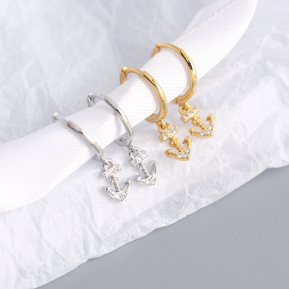 Minimalist Luxury 925 Sterling Silver Anchor Diamond Hoop Earrings