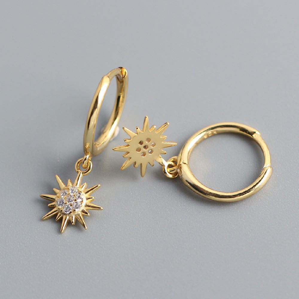 Sweet Streetwear 925 Sterling Silver Sun Rhinestone Inlay Hoop Earrings for Women