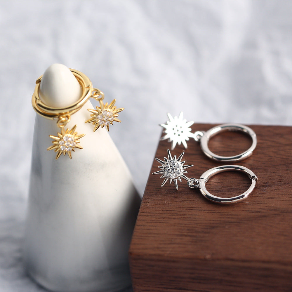 Sweet Streetwear 925 Sterling Silver Sun Rhinestone Inlay Hoop Earrings for Women