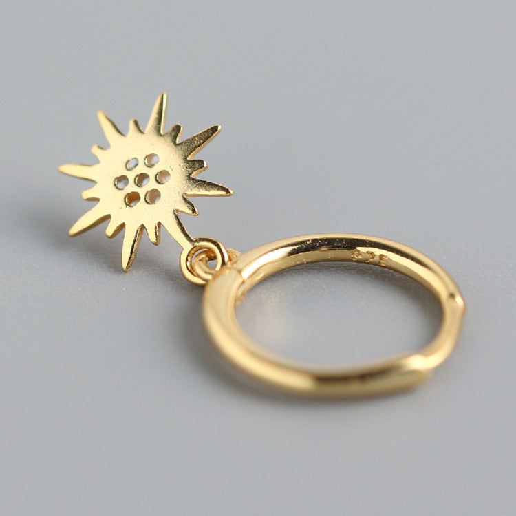 Sweet Streetwear 925 Sterling Silver Sun Rhinestone Inlay Hoop Earrings for Women