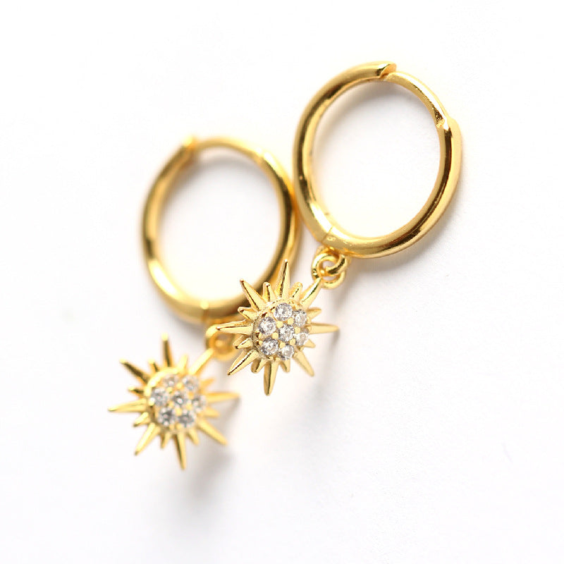 Sweet Streetwear 925 Sterling Silver Sun Rhinestone Inlay Hoop Earrings for Women
