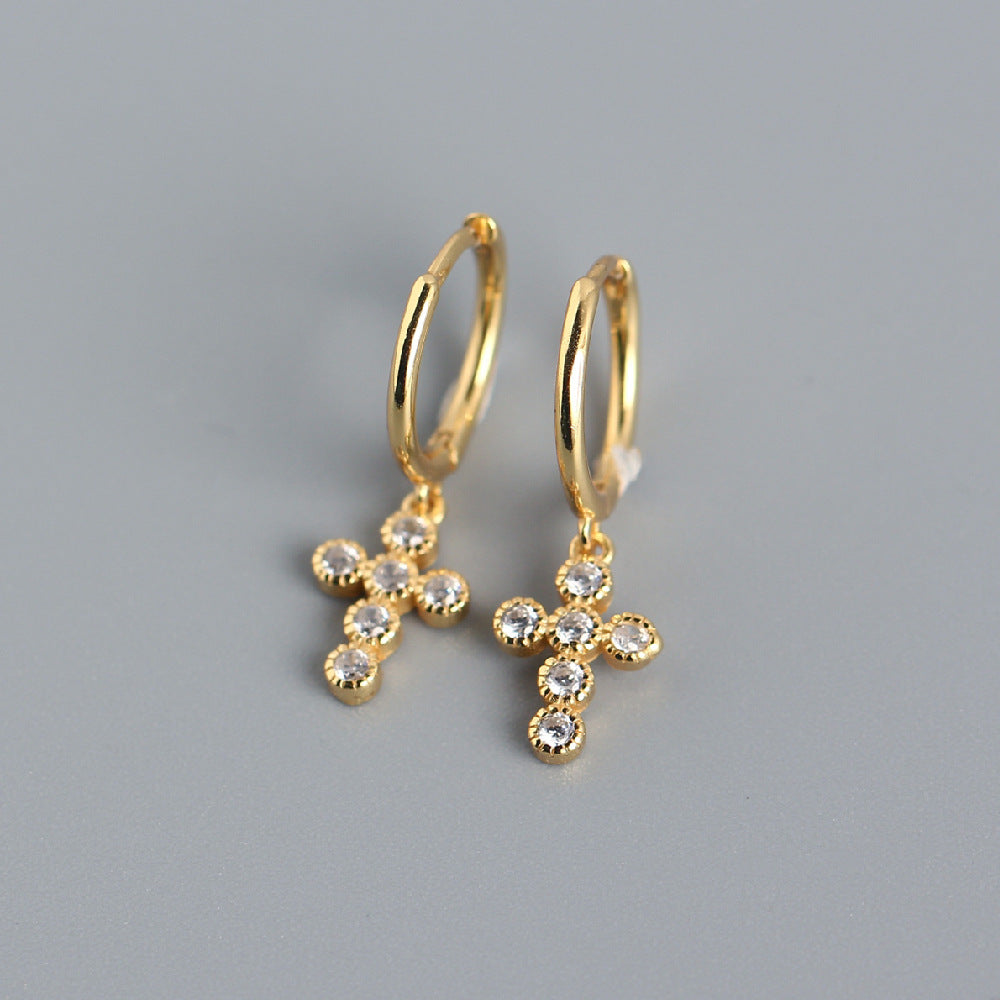 Sweet Punk 925 Sterling Silver Cross Rhinestone Hoop Earrings for Women