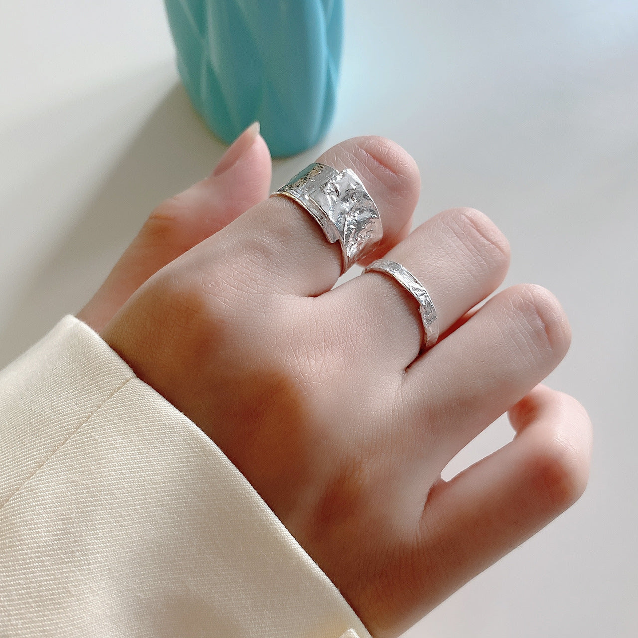 Minimalist 925 Sterling Silver Heart Ring with Abstract Foil Texture for Women