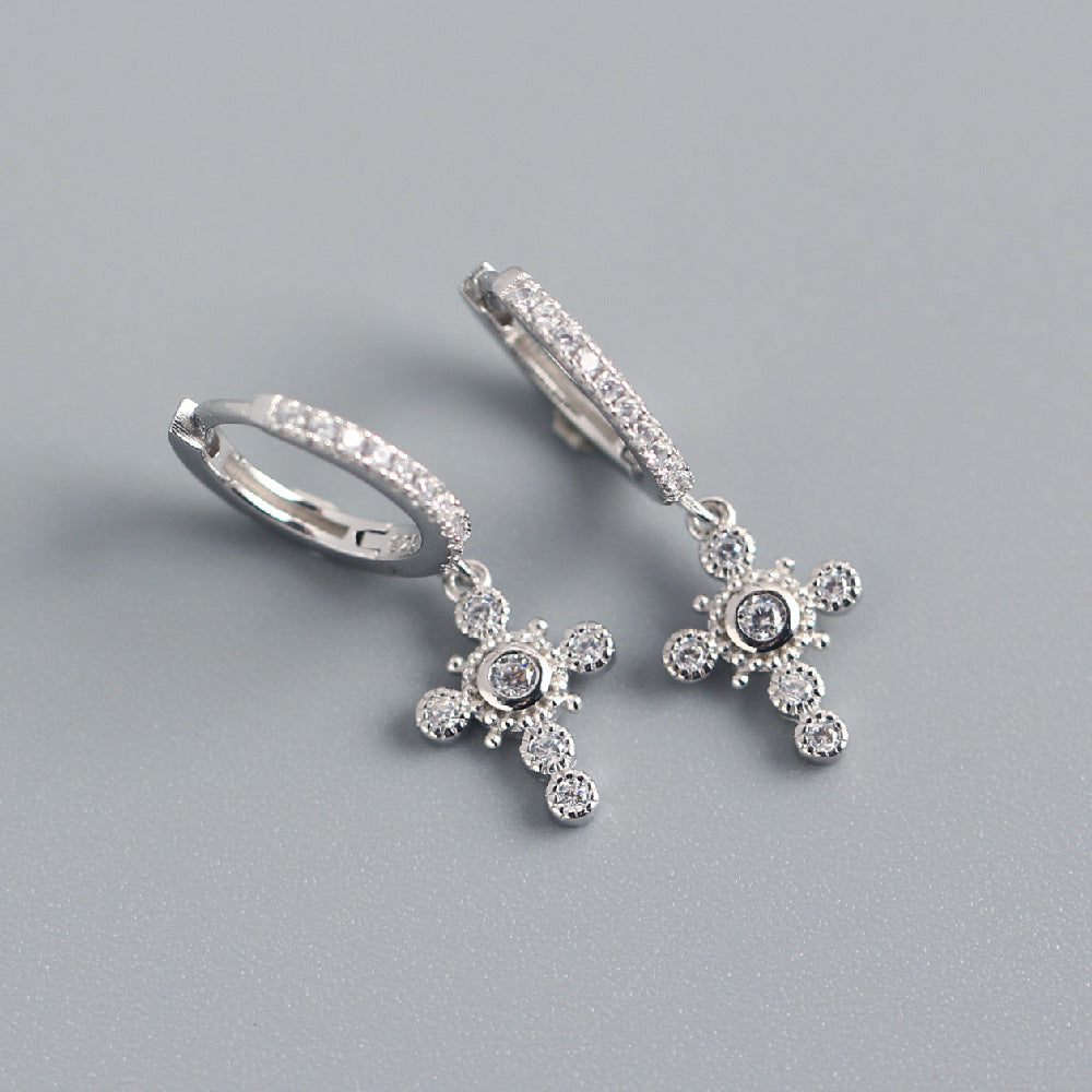 Orecchini pendenti con strass a croce in argento sterling S925, stile Sweet Cool