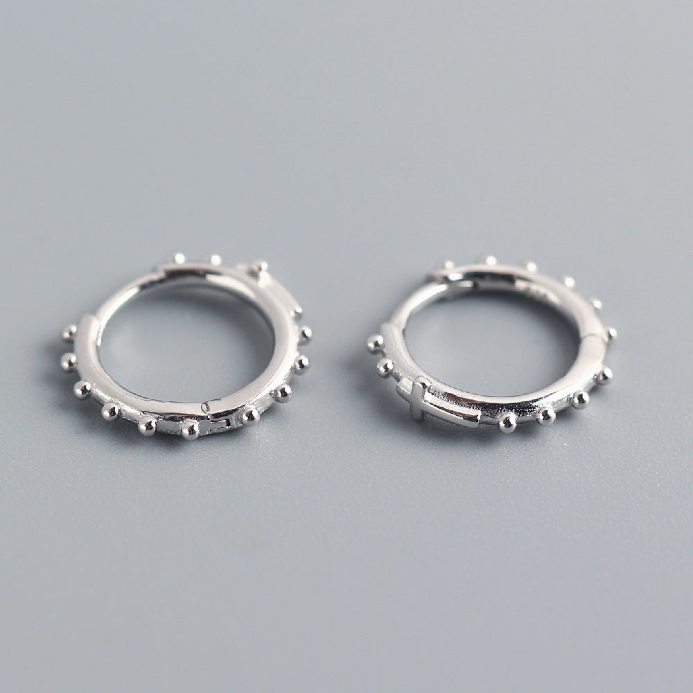 Sweet Cool Style S925 Sterling Silver Polished Cross Stud Earrings with Silver Bead Hoops