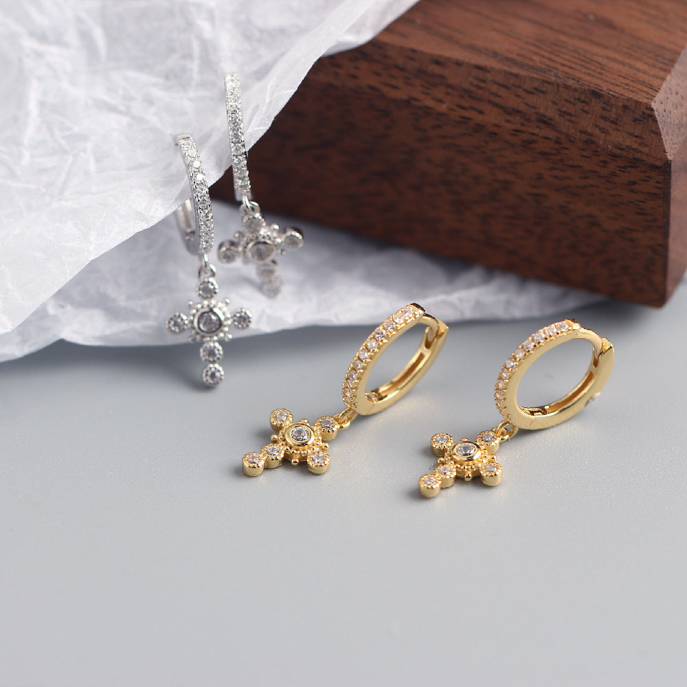Orecchini pendenti con strass a croce in argento sterling S925, stile Sweet Cool