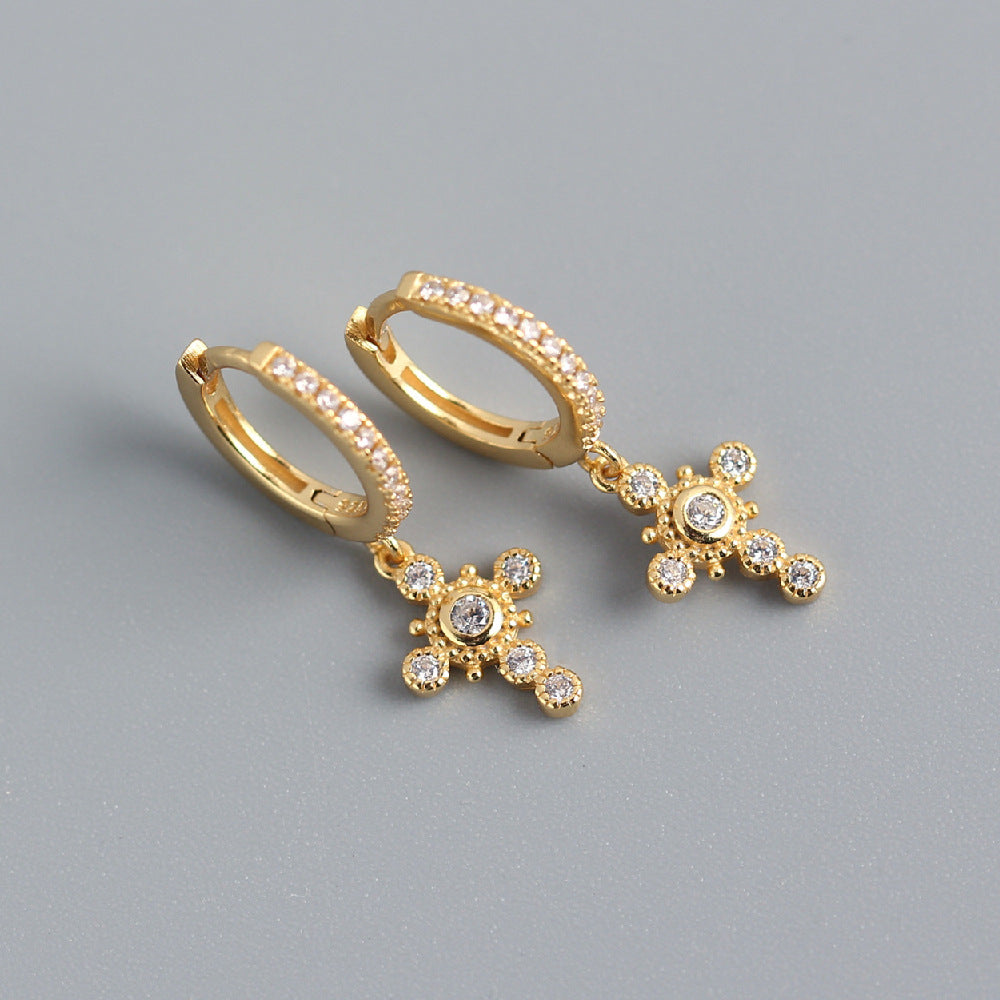 Orecchini pendenti con strass a croce in argento sterling S925, stile Sweet Cool