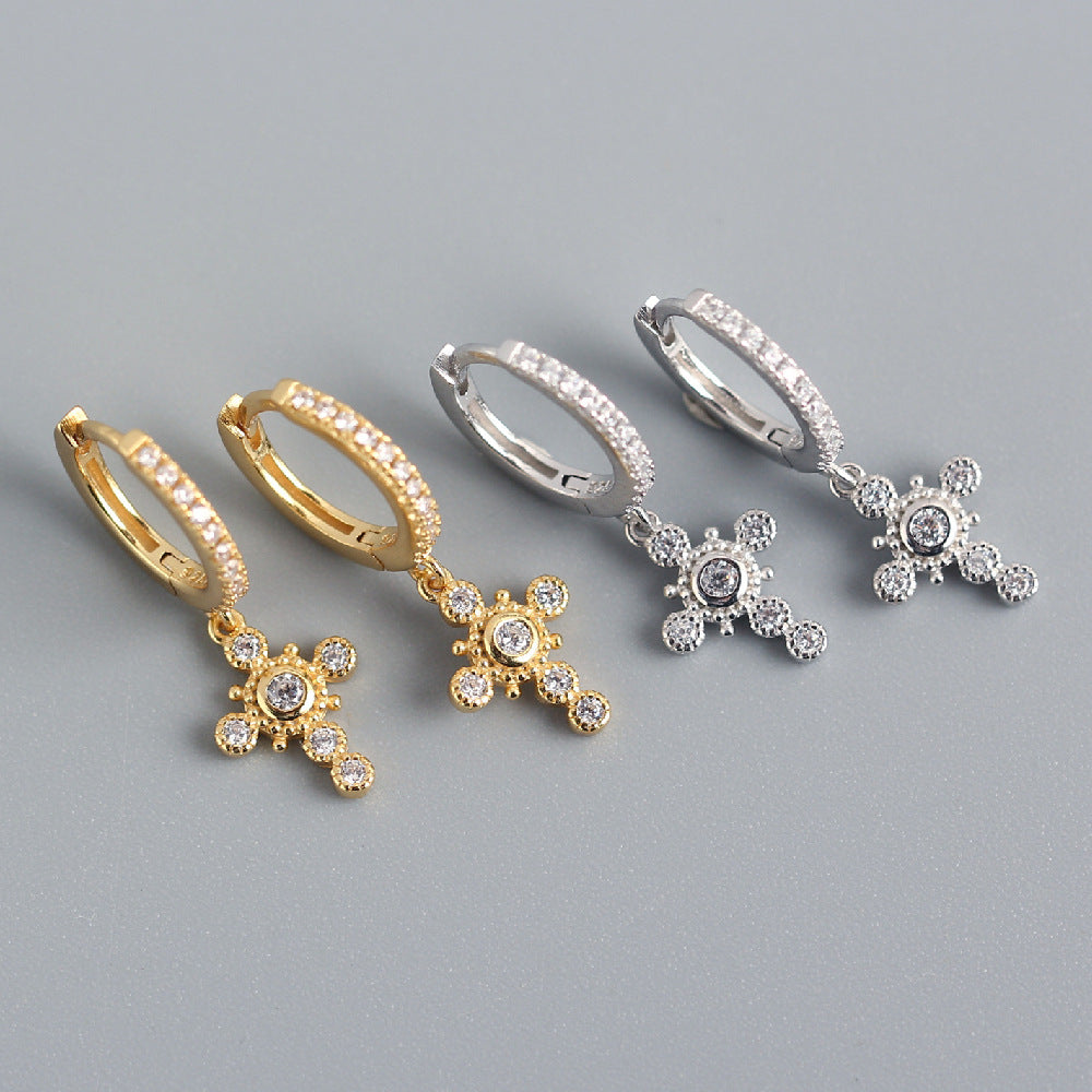 Orecchini pendenti con strass a croce in argento sterling S925, stile Sweet Cool