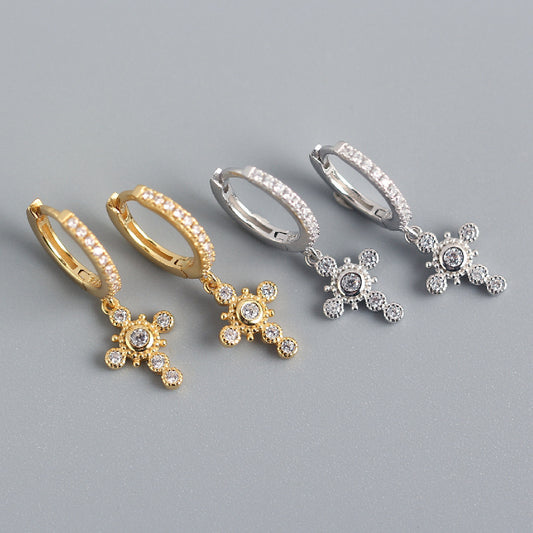 Orecchini pendenti con strass a croce in argento sterling S925, stile Sweet Cool