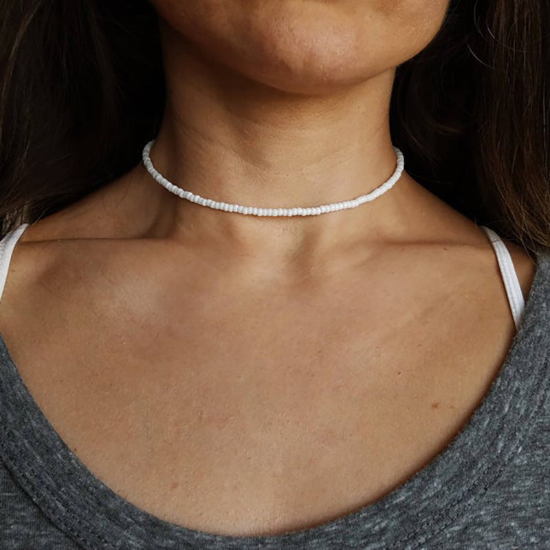 Bohemian Geometric Round Seed Beads Necklace Solid Color Short Choker for Women