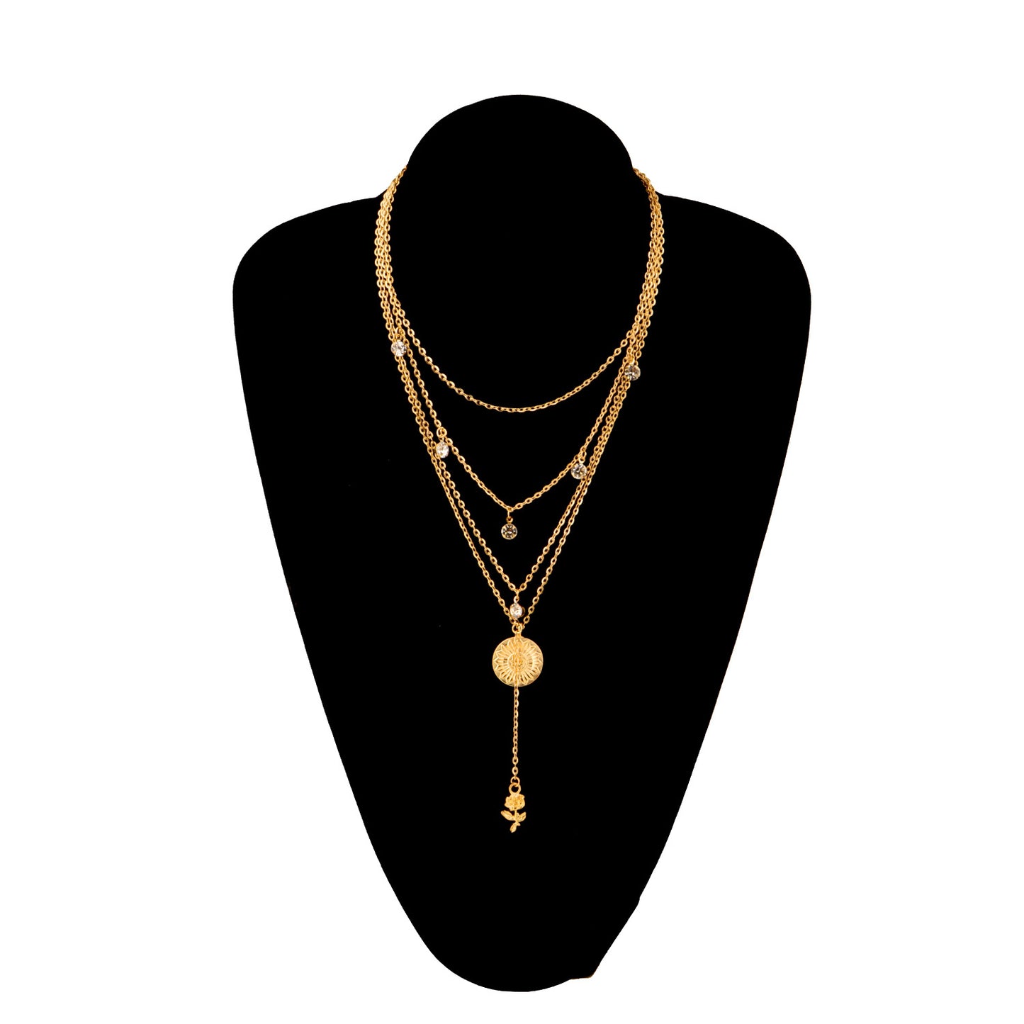 Women's Floral Rhinestone Alloy Cross Chain Necklace, Multi-Layered Pendant Jewelry, Streetwear Fashion Accessory