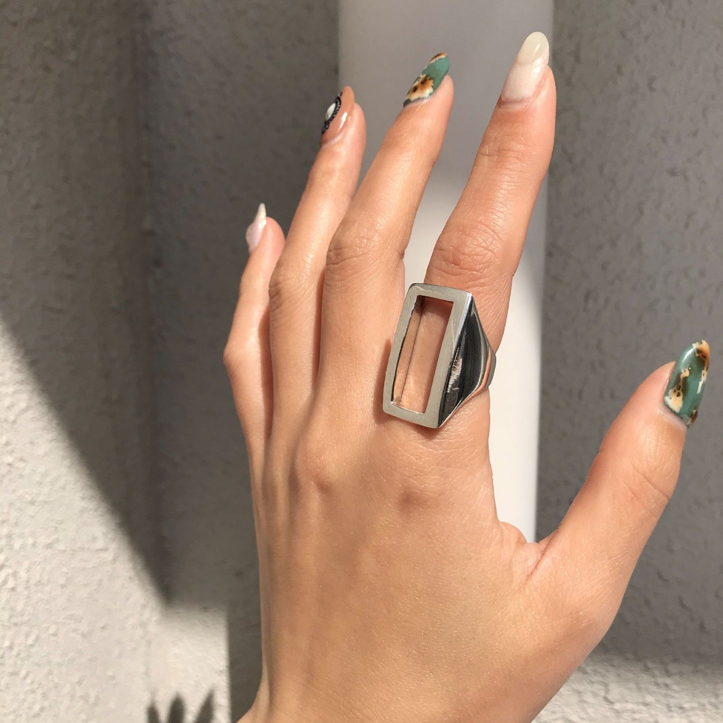 Minimalist Elegant 925 Sterling Silver Rectangle Geometric Hollow Ring for Women
