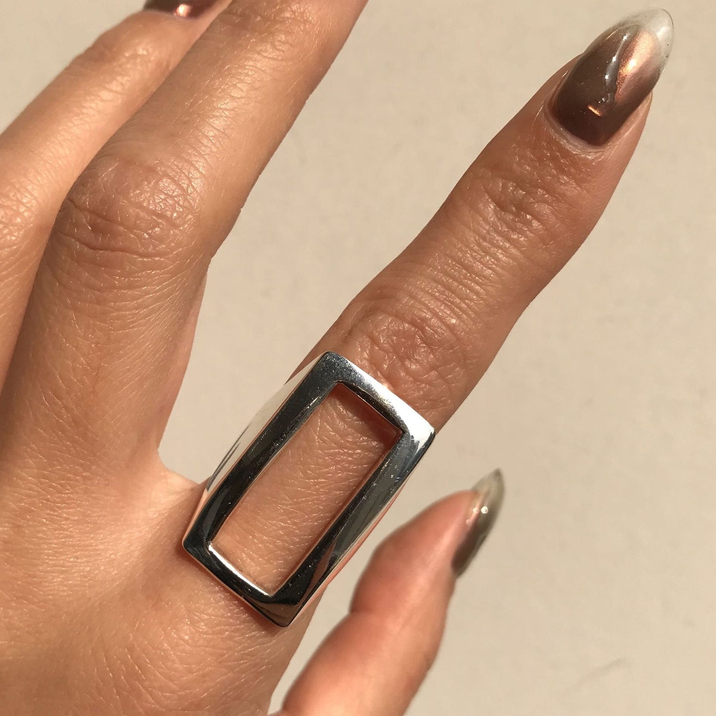 Minimalist Elegant 925 Sterling Silver Rectangle Geometric Hollow Ring for Women