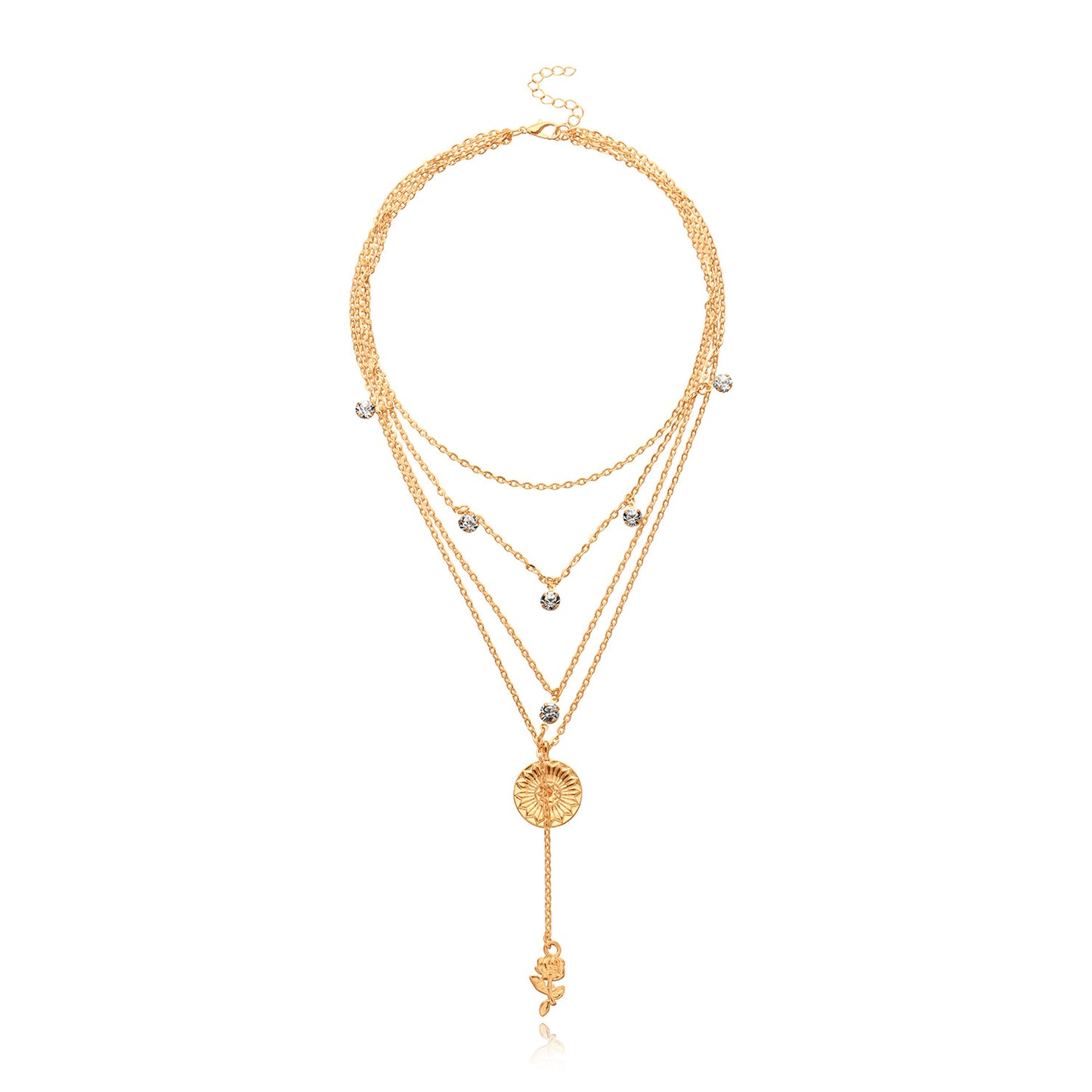 Women's Floral Rhinestone Alloy Cross Chain Necklace, Multi-Layered Pendant Jewelry, Streetwear Fashion Accessory