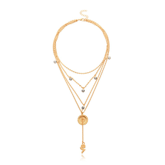 Collana da donna con strass floreali in lega a catena incrociata, gioielli con pendente multistrato, accessorio di moda streetwear