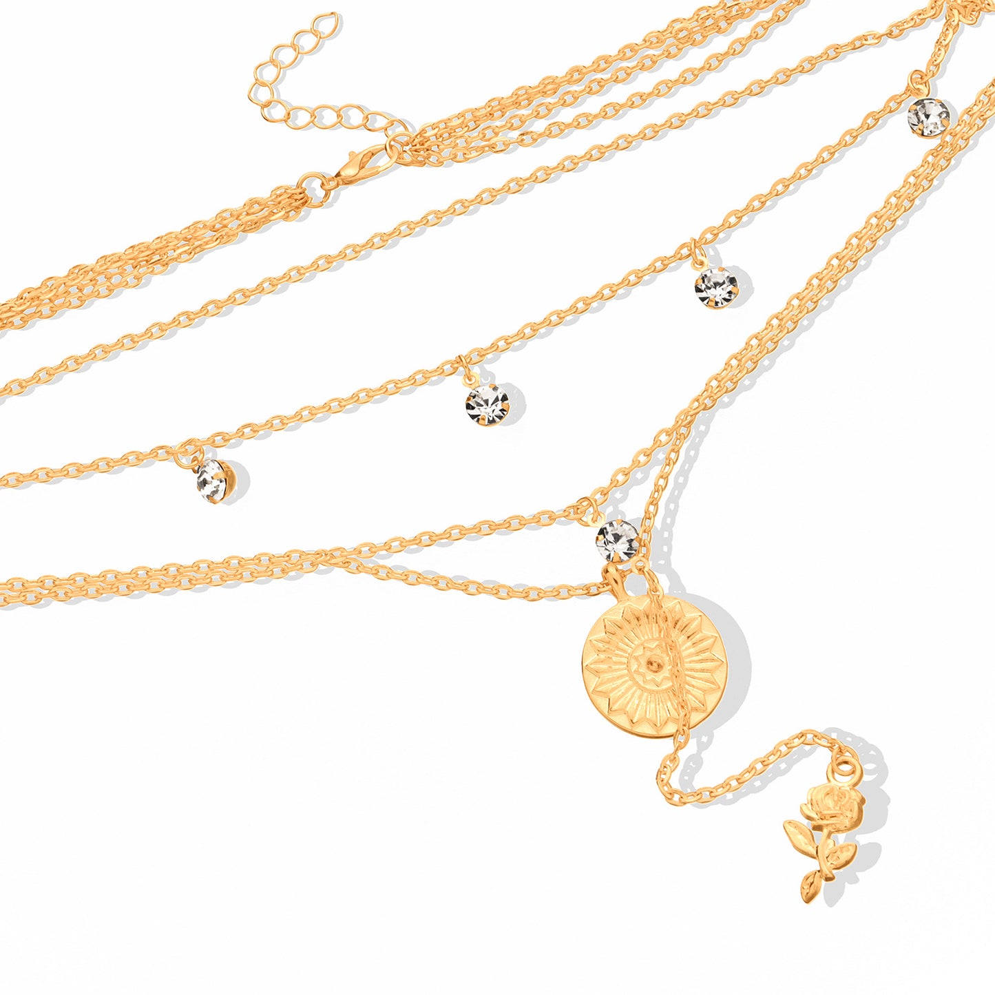 Women's Floral Rhinestone Alloy Cross Chain Necklace, Multi-Layered Pendant Jewelry, Streetwear Fashion Accessory
