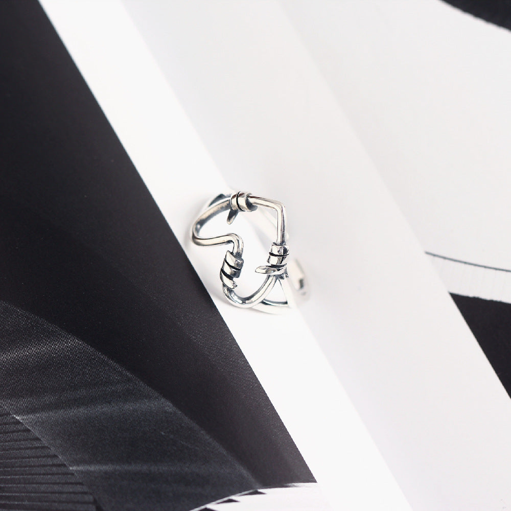 Minimalist 925 Sterling Silver Heart Ring Vintage Finish Geometric Design for Women