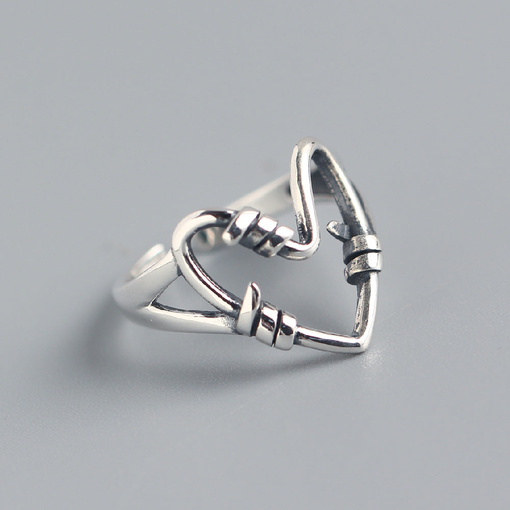 Minimalist 925 Sterling Silver Heart Ring Vintage Finish Geometric Design for Women