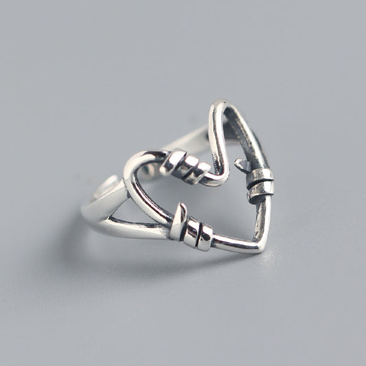 Anello Minimalista a Cuore in Argento Sterling 925 Finitura Vintage Design Geometrico da Donna